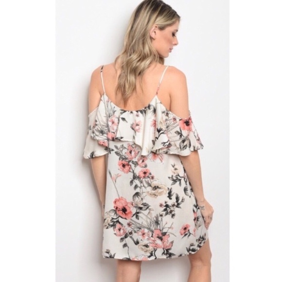 Floral Cream Cold Shoulder Ruffle Dress - Picture 2 of 4